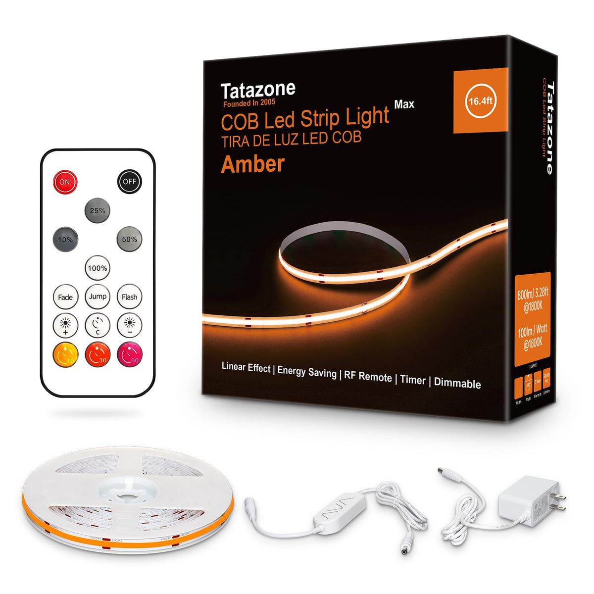 Tatazone 16-4ft 1800K COB LED strip emits a warm amber glow for living spaces
