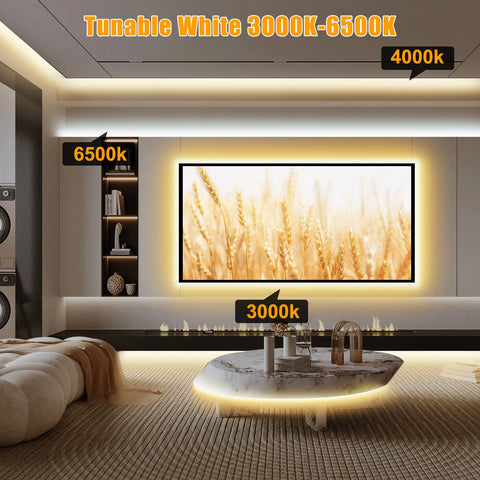 Tatazone tunable white COB strip with 2700K-6500K range for living room ambience.
