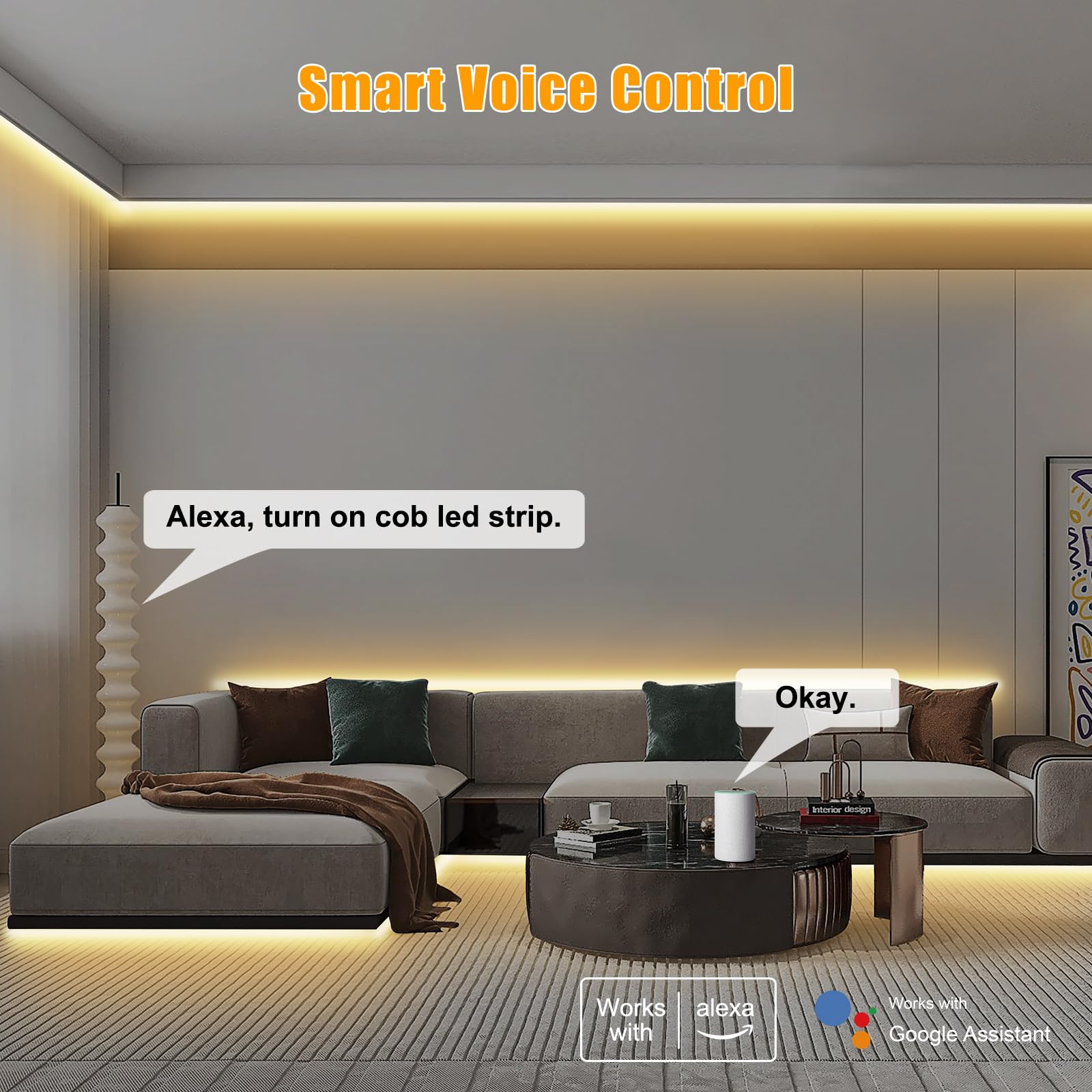 Tatazone smart COB strip shown with Alexa and Google control for hands-free lighting.