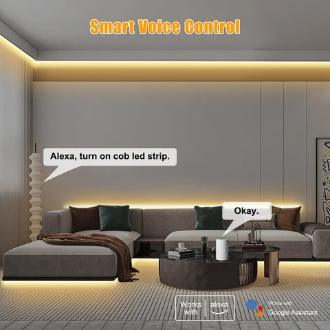 Tatazone smart COB strip shown with Alexa and Google control for hands-free lighting.