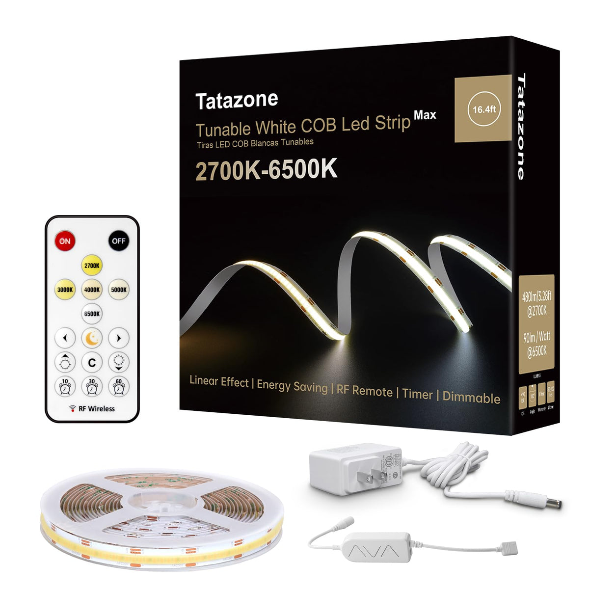 Tatazone tunable white COB LED strip with remote provides versatile room lighting.