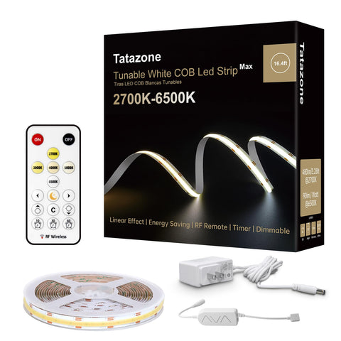 Tatazone tunable white COB LED strip with remote provides versatile room lighting.