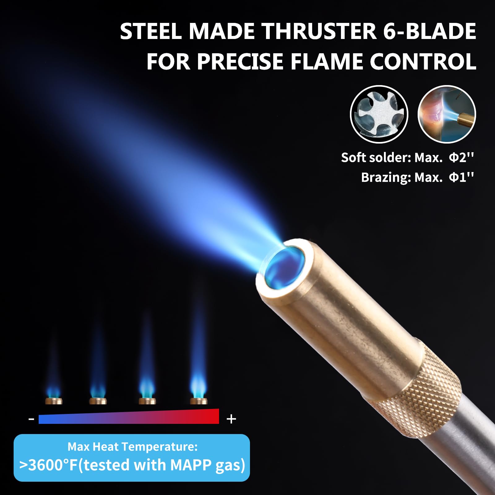 TAUSOM MAP torch nozzle delivers up to 3600F for fast heating.