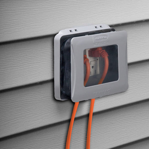 TayMac ML2500G expanded in-use cover demonstrating flexibility for varied outlet sizes.