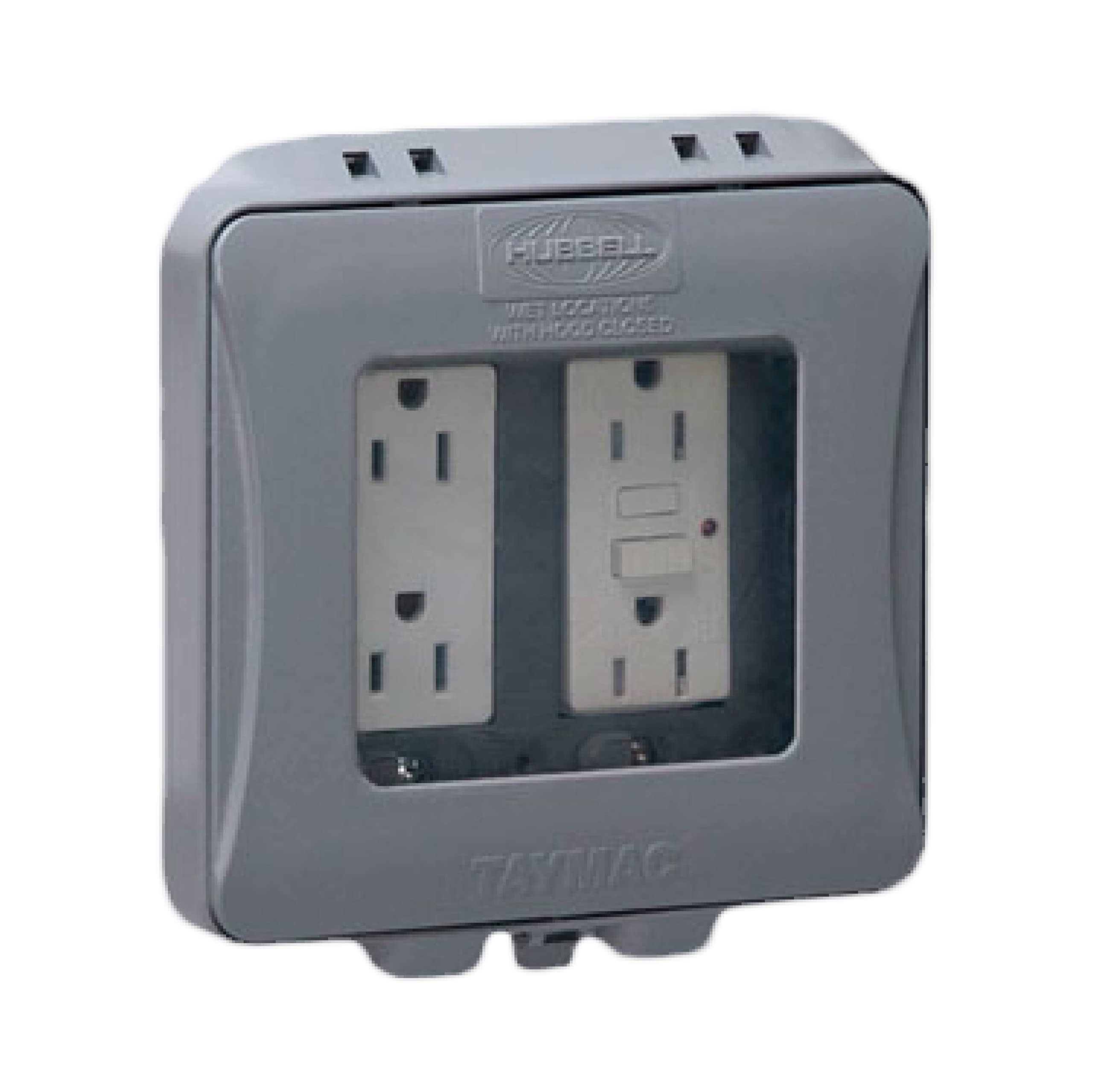 TayMac ML2500G two-gang outdoor cover shields outlets from weather and debris.