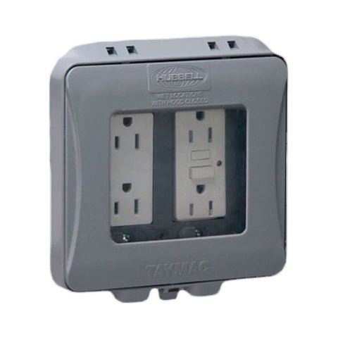 TayMac ML2500G two-gang outdoor cover shields outlets from weather and debris.