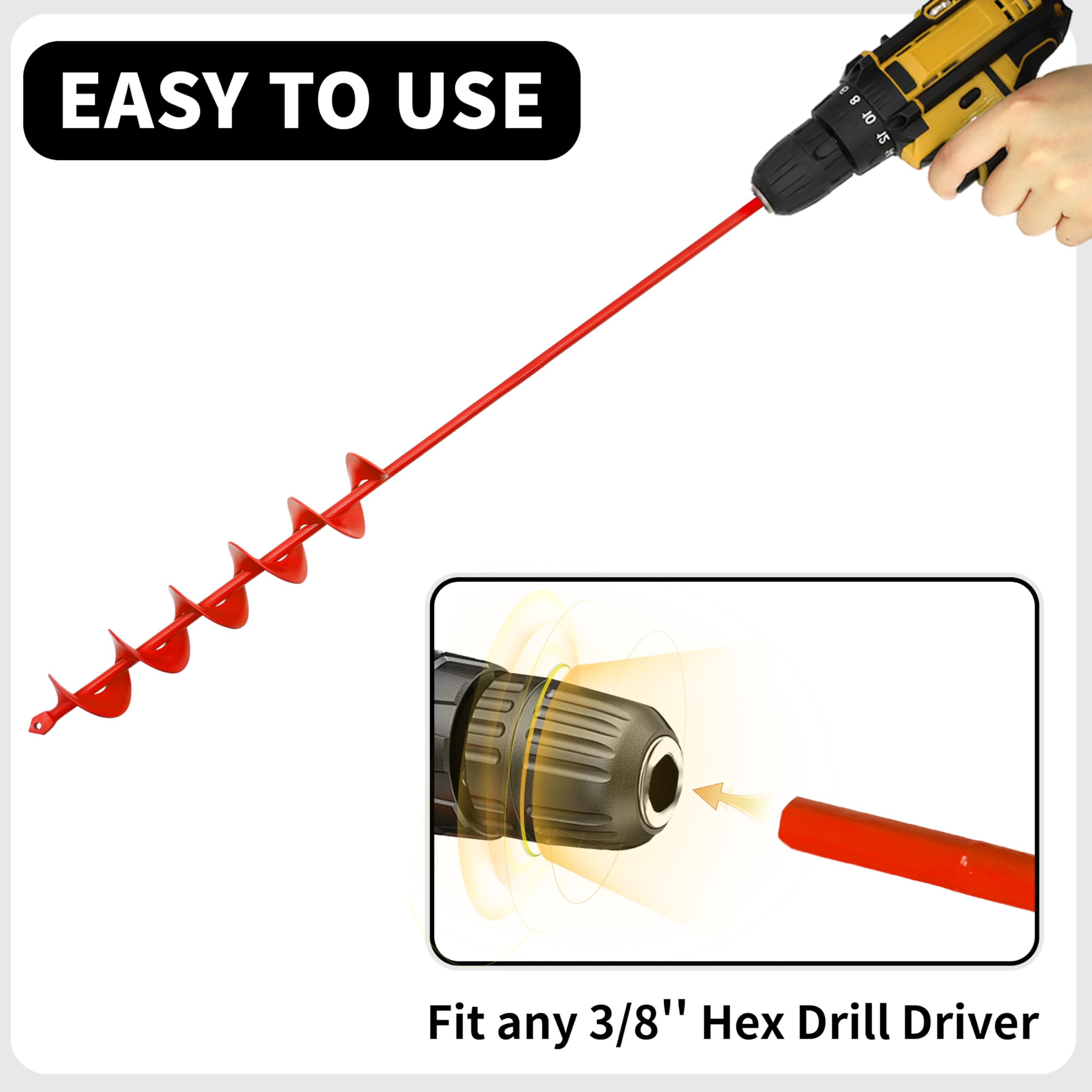 TCBWFY auger compatible with 3/8 inch hex drive drills for versatile digging.