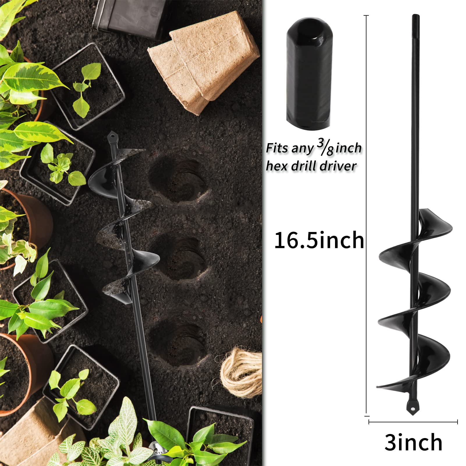 TCBWFY garden auger 3x16.5 prepares wide planting holes efficiently.
