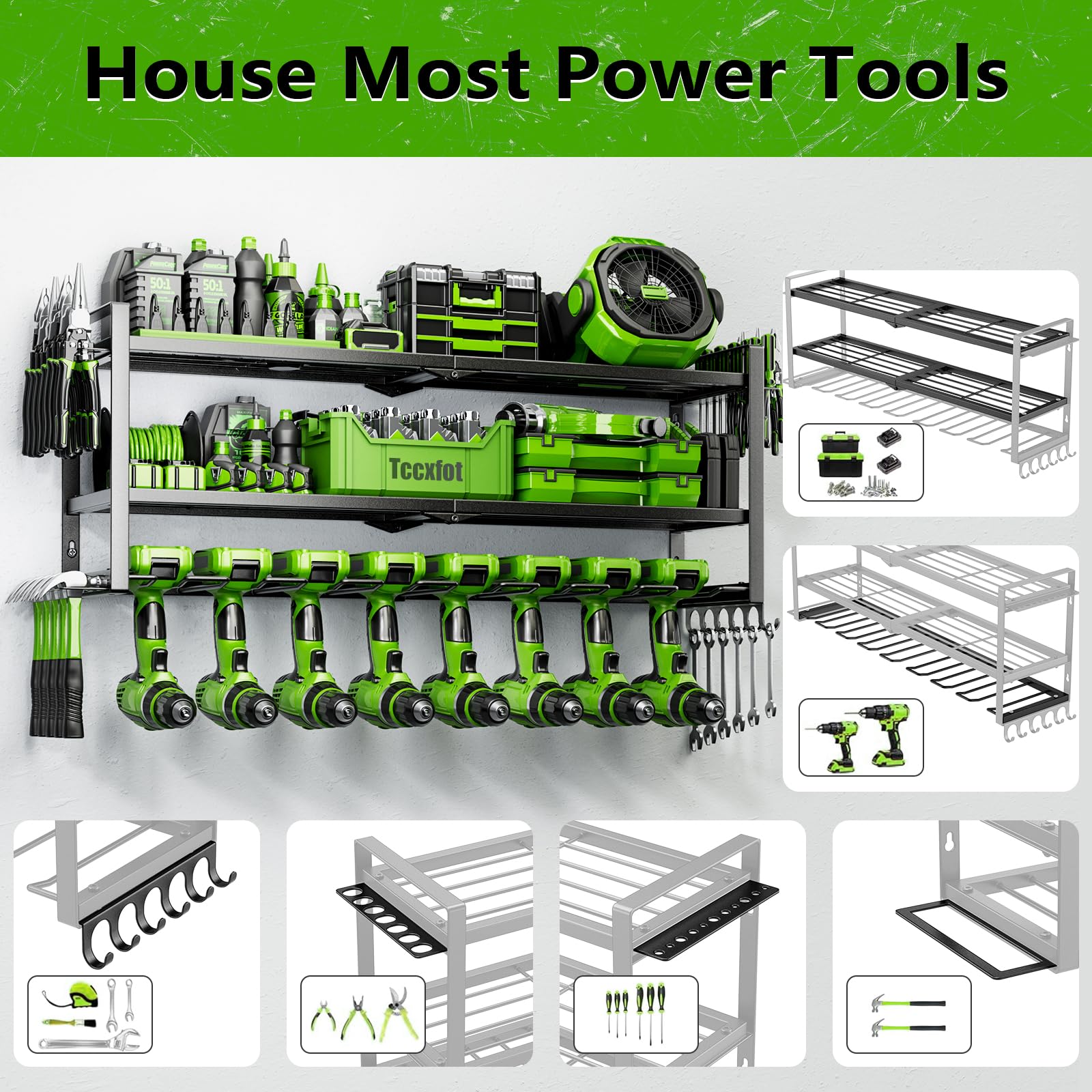 Tccxfot compact wall rack frees bench space while organizing toolboxes and chargers