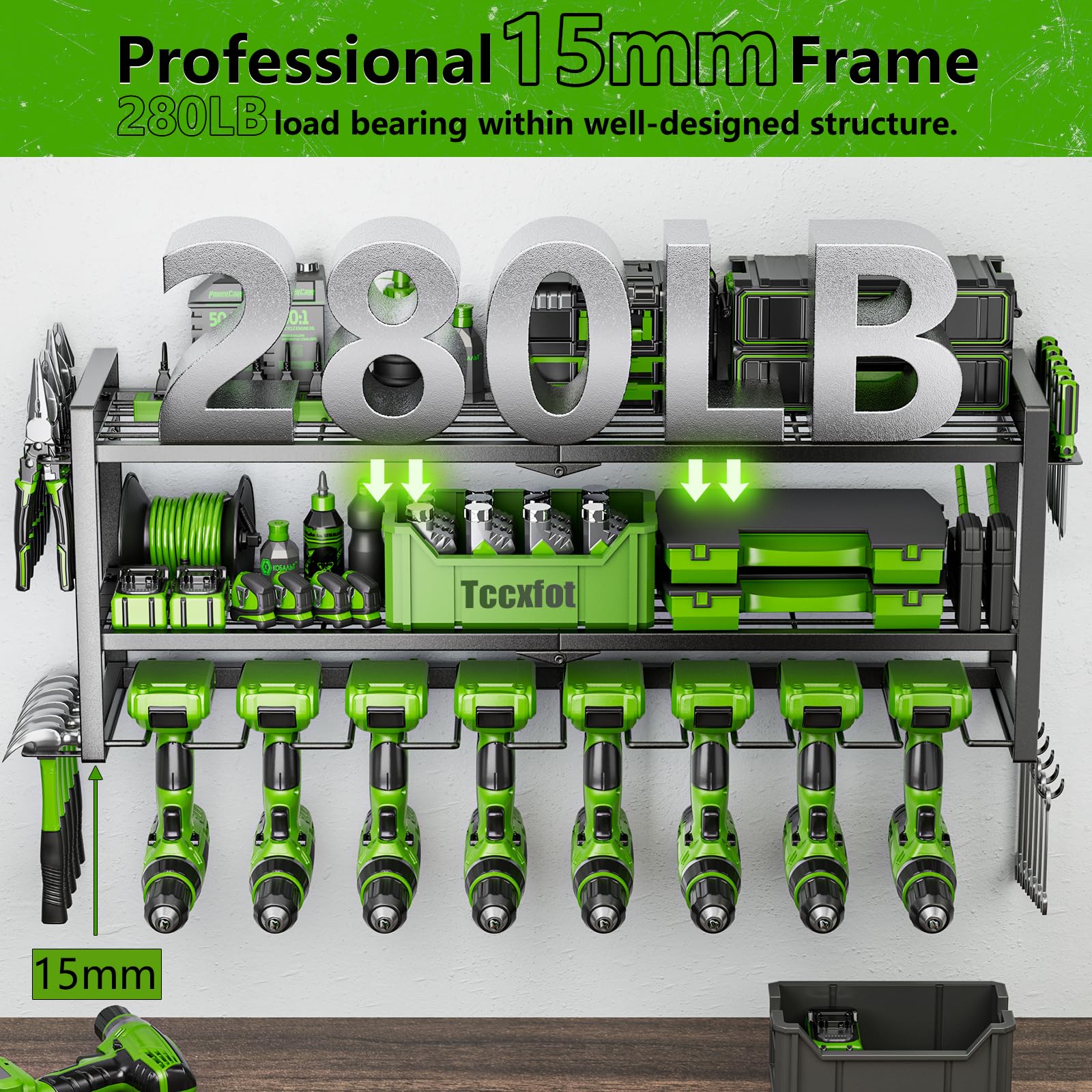Tccxfot drill holder with eight slots mounted on wall for easy drill access