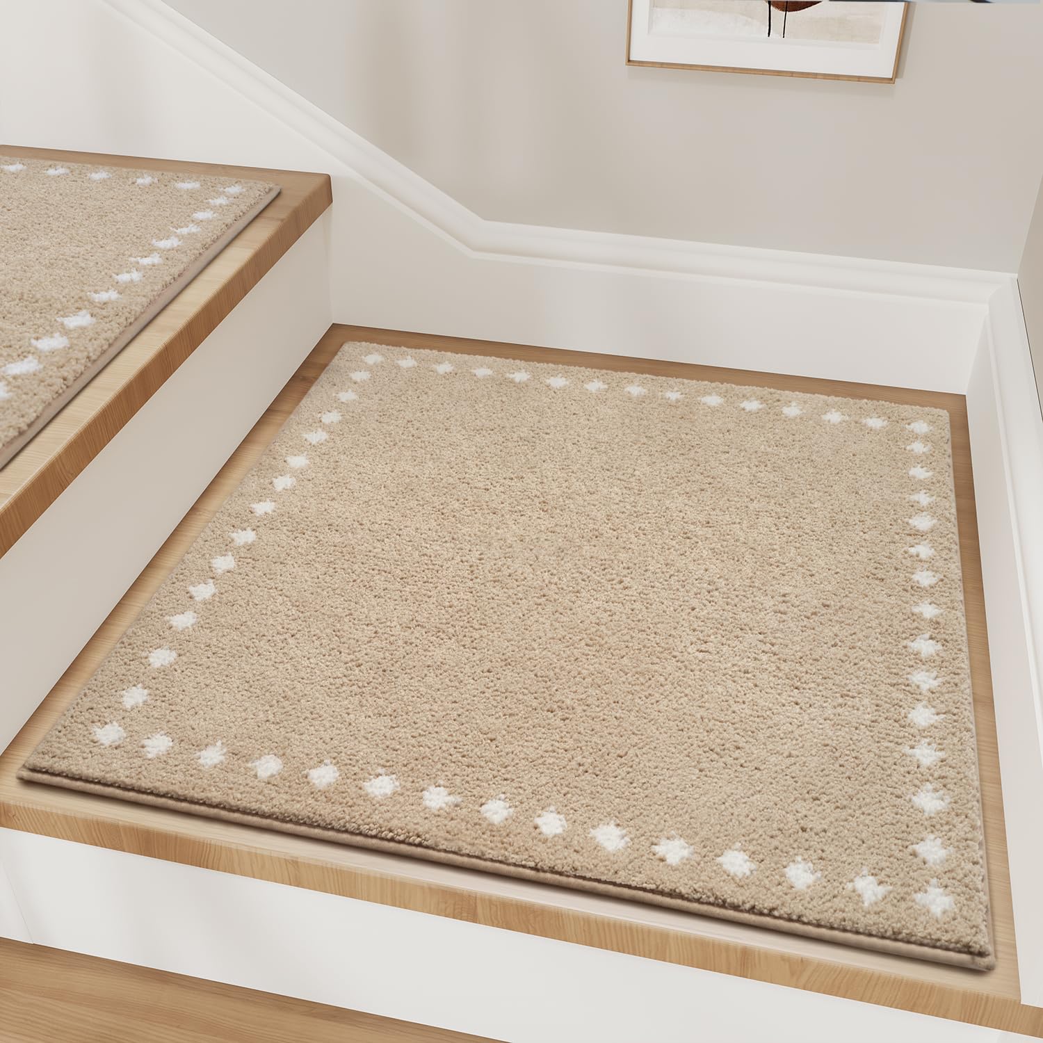 tchdio stair treads non-slip beige close-up showing secure backing for safer stairs.