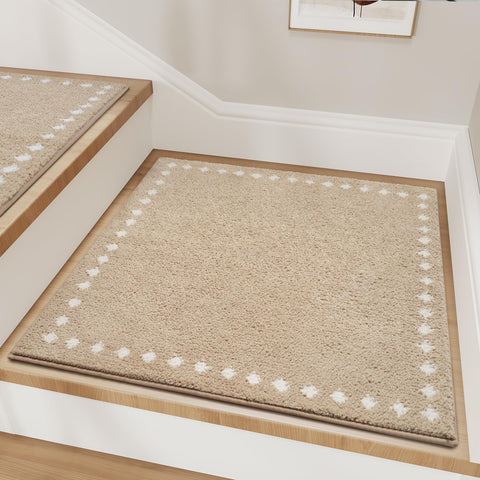 tchdio stair treads non-slip beige close-up showing secure backing for safer stairs.