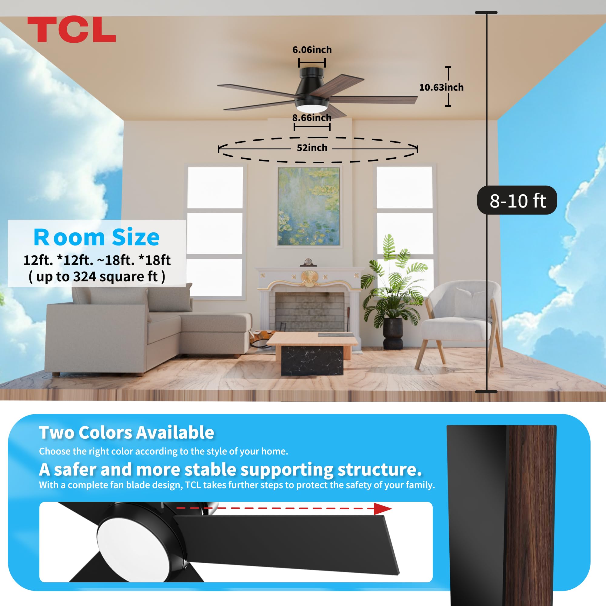 TCL 52-inch fan enhances bedrooms with quiet operation and soft lighting.