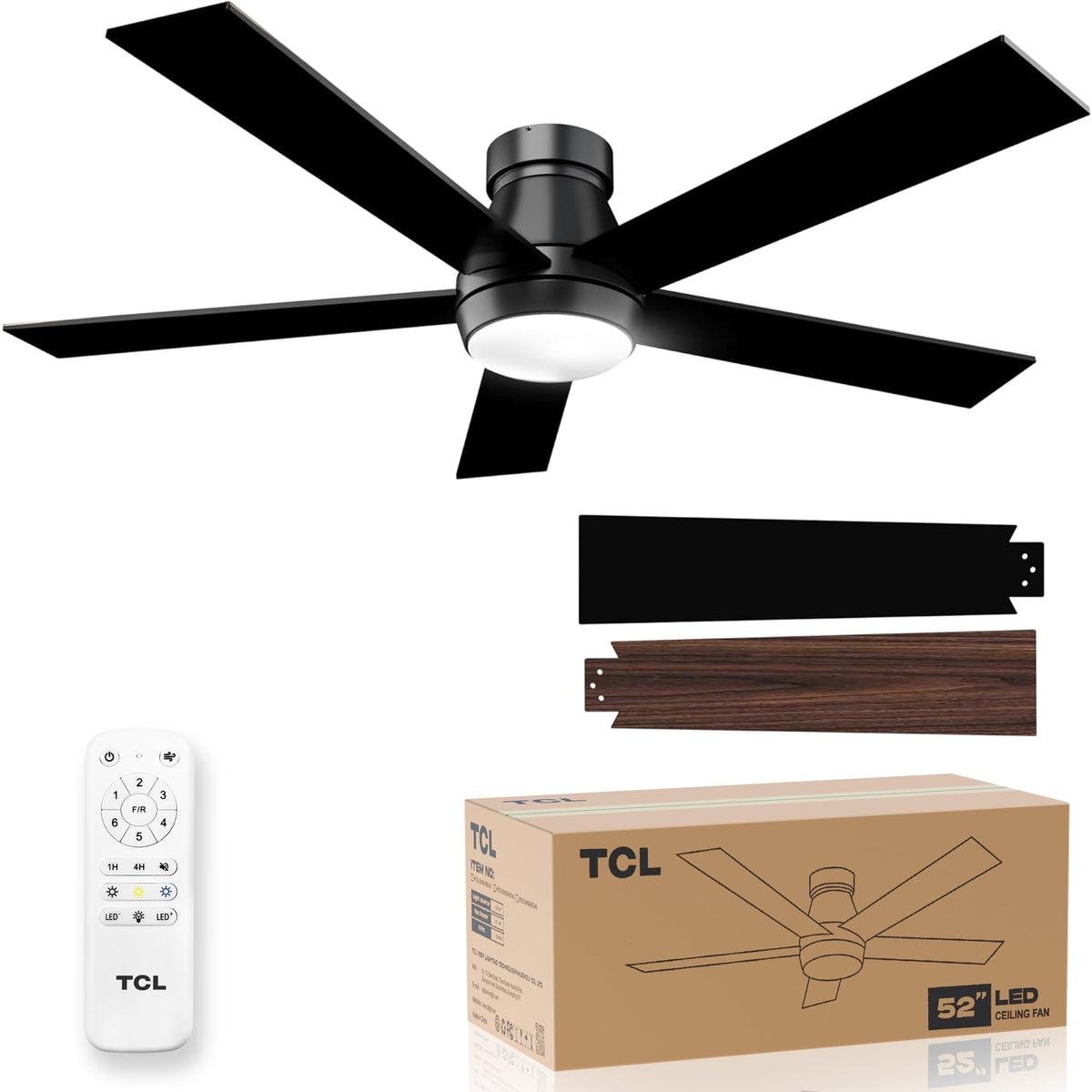 TCL 52-inch black ceiling fan with light, flush mount for rooms with low ceilings.