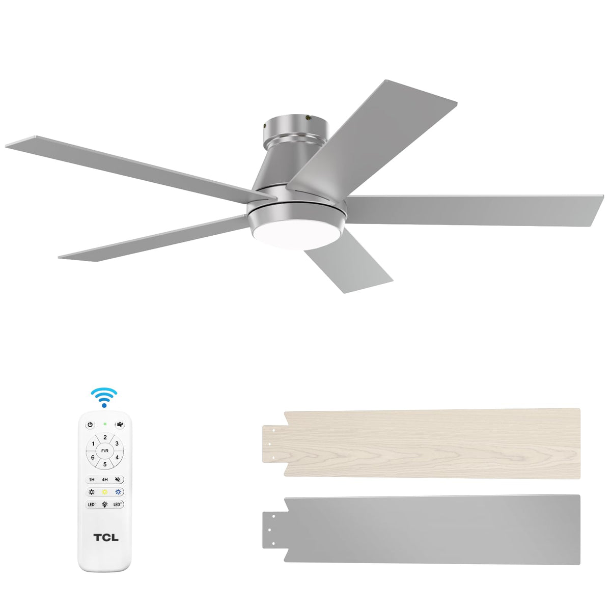 TCL 52-inch ceiling fan with lights, silver flush mount, adds modern style and cooling.