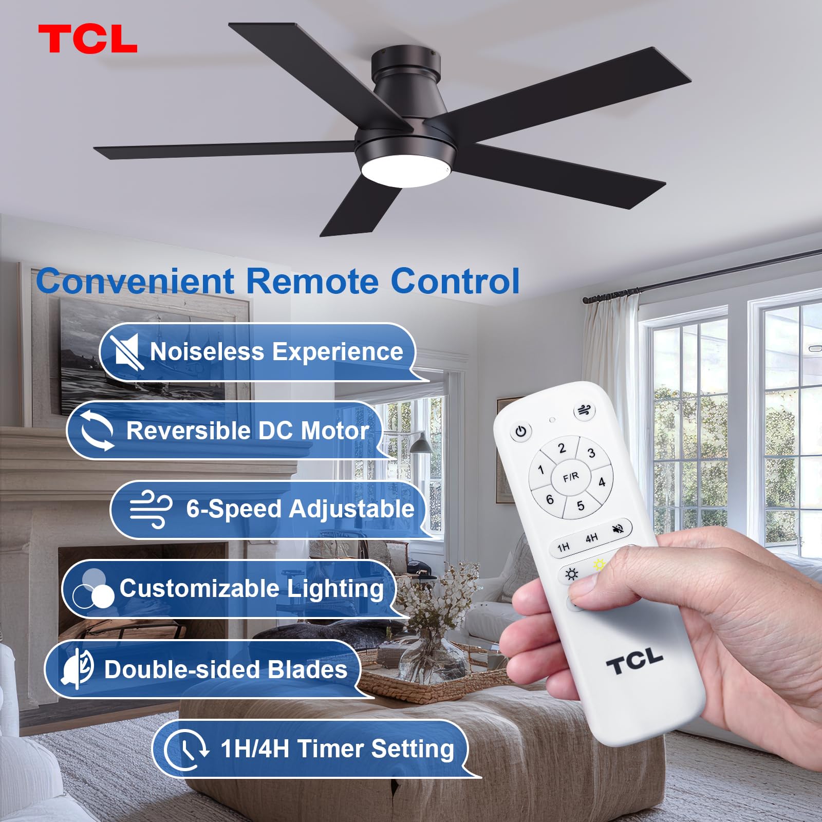 TCL 52-inch ceiling fan remote control operation for easy speed and light adjustments