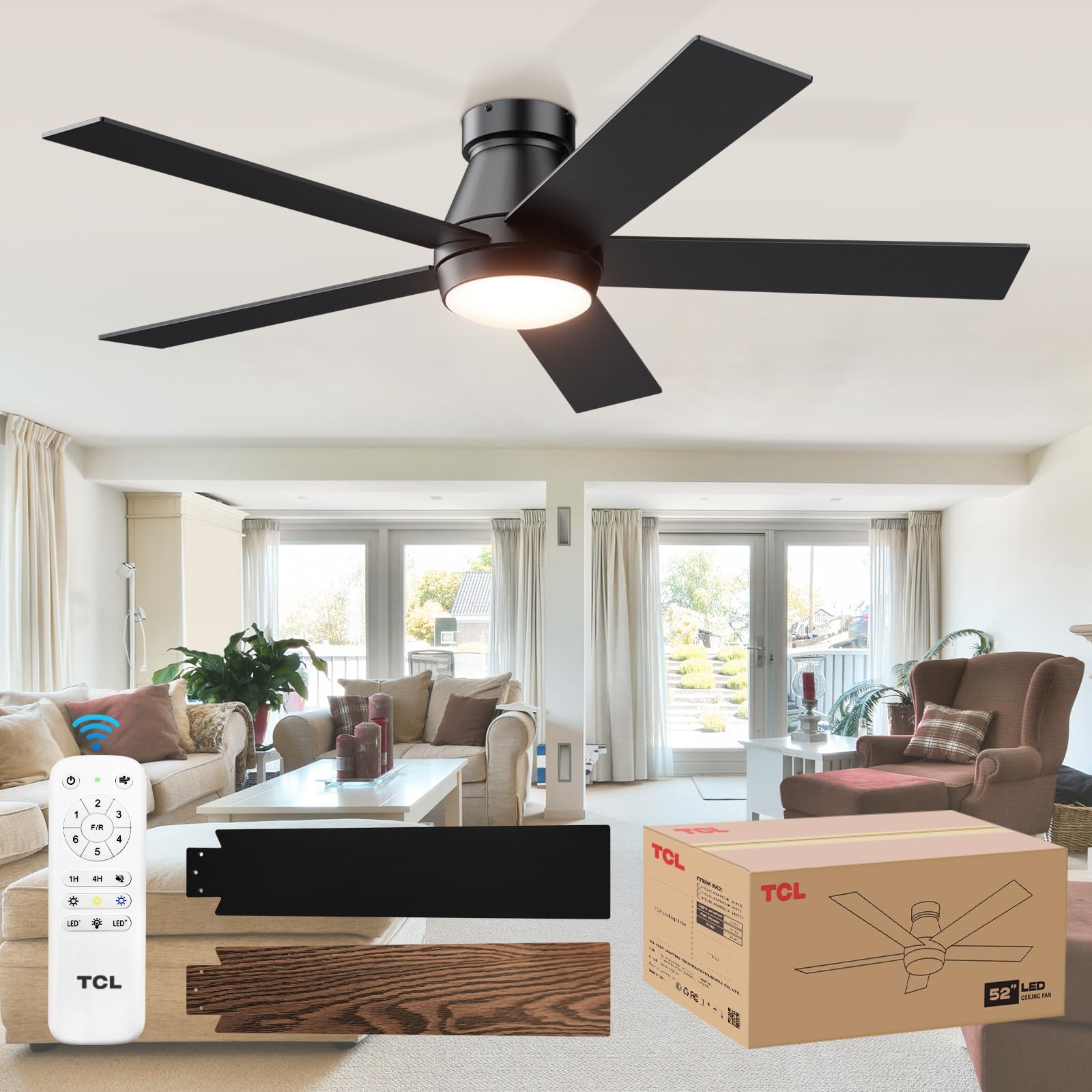 TCL 52-inch ceiling fan with lights in black flush-mount, modern style and ambient illumination