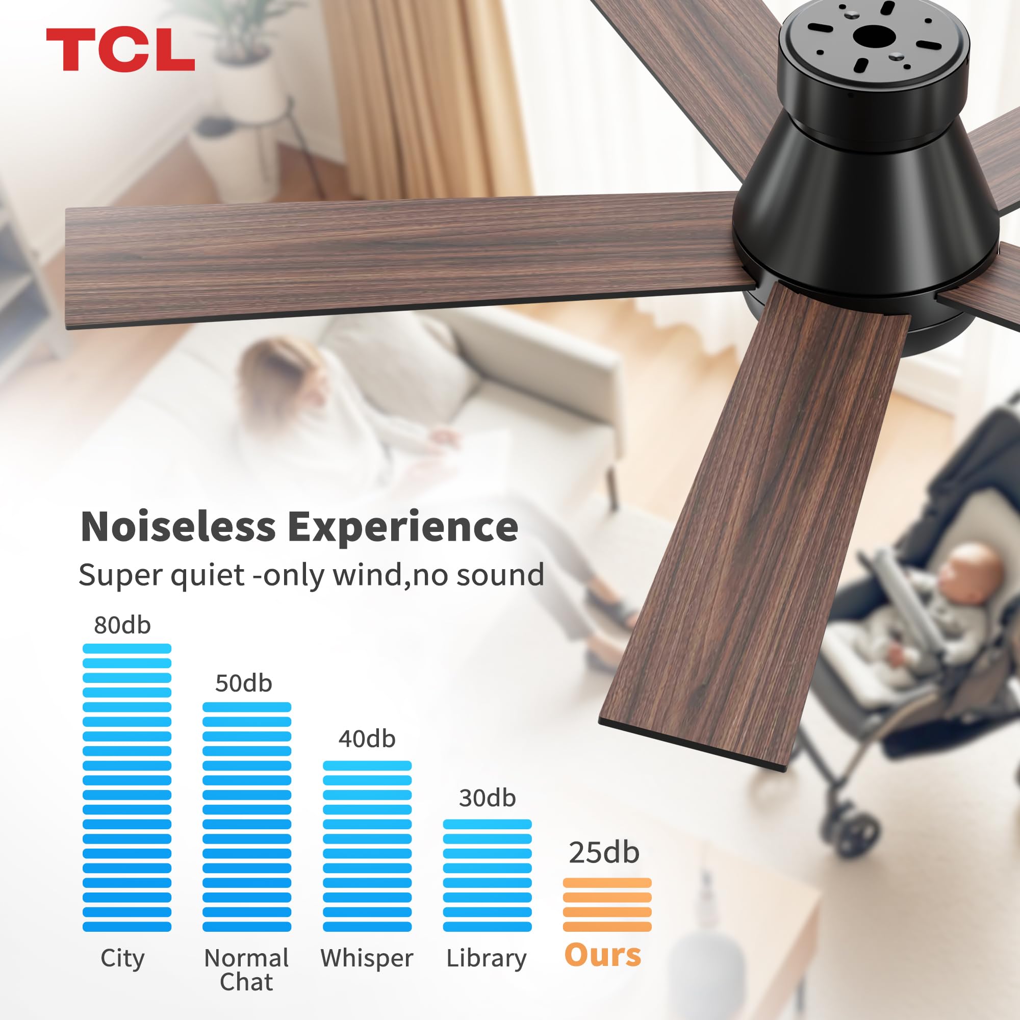 TCL 52-inch flush mount ceiling fan saves headroom in rooms with low ceilings.