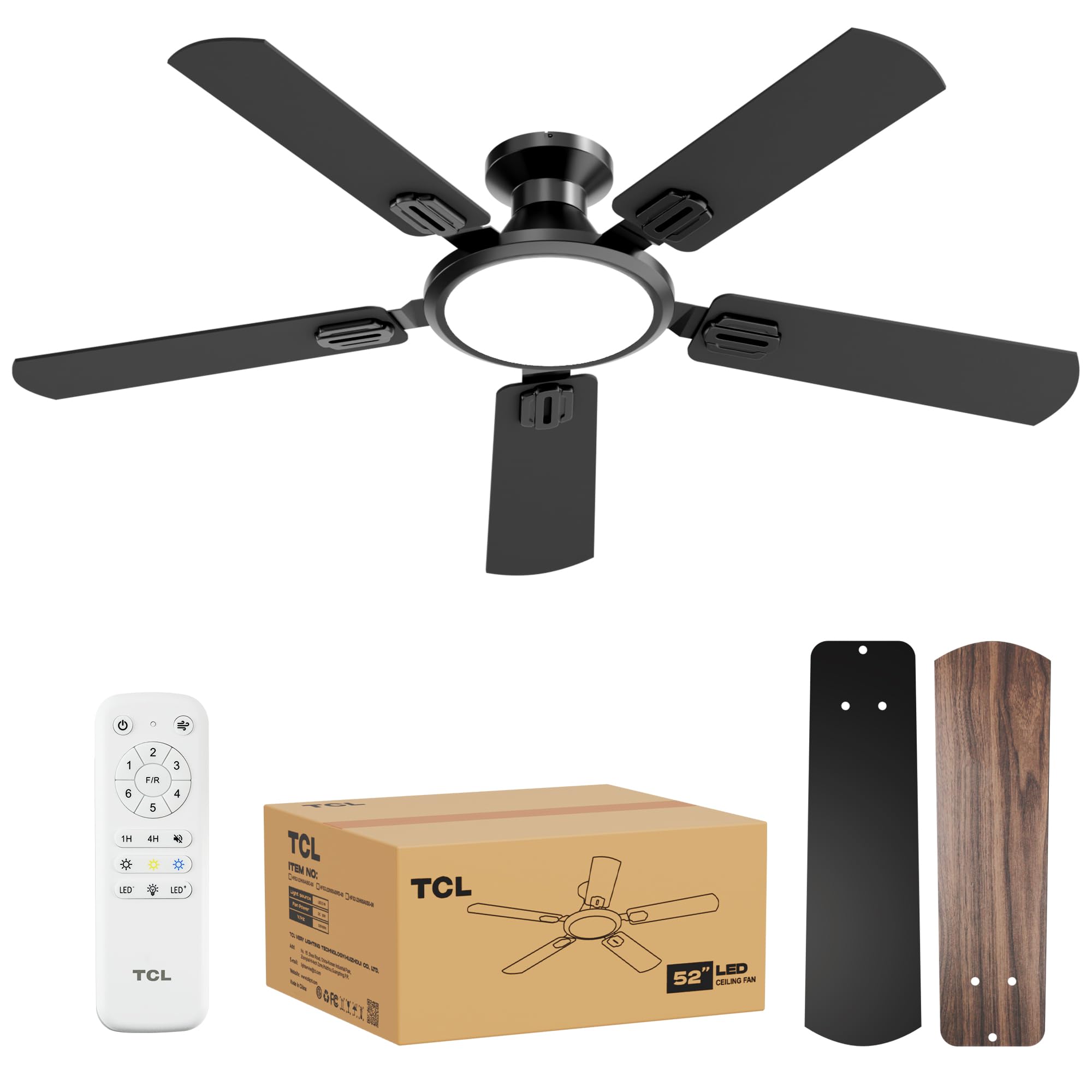 TCL 52-inch low-profile ceiling fan with dimmable LED light for bedroom comfort