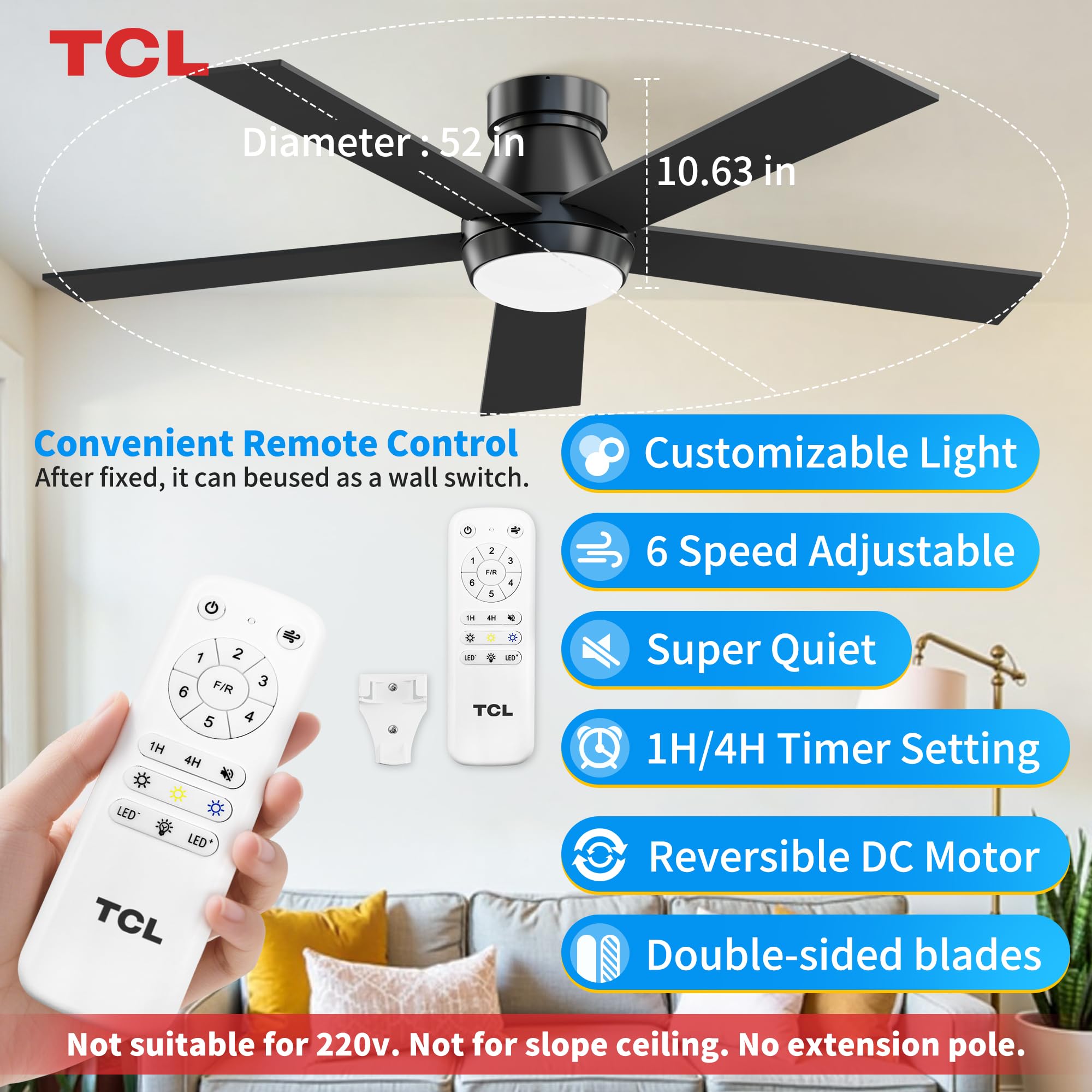 TCL 52-inch reversible blades in wood and black for dual decor styles.