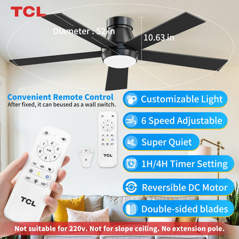 TCL 52-inch reversible blades in wood and black for dual decor styles.