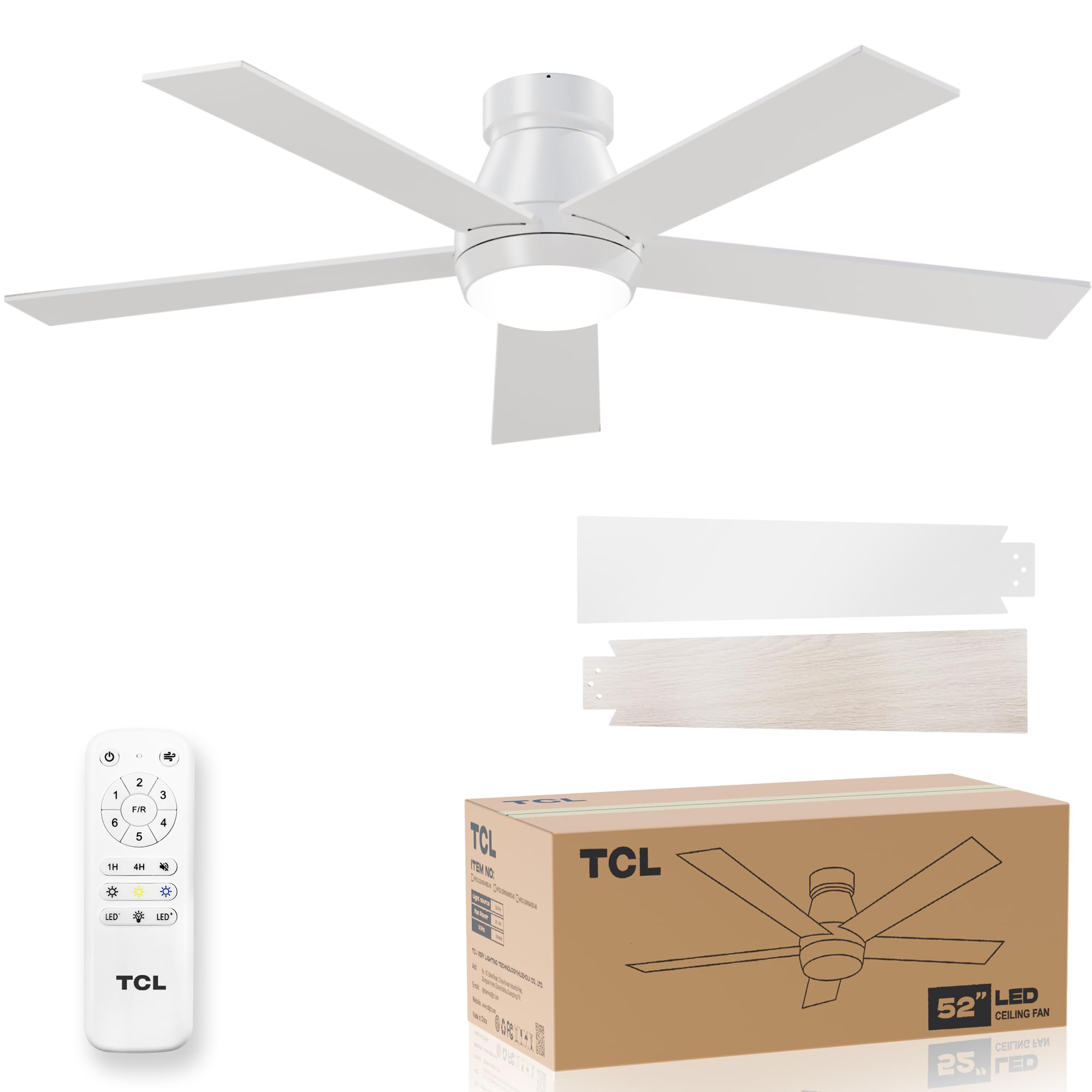 TCL 52-inch white ceiling fan with dual-sided blades for versatile decor.
