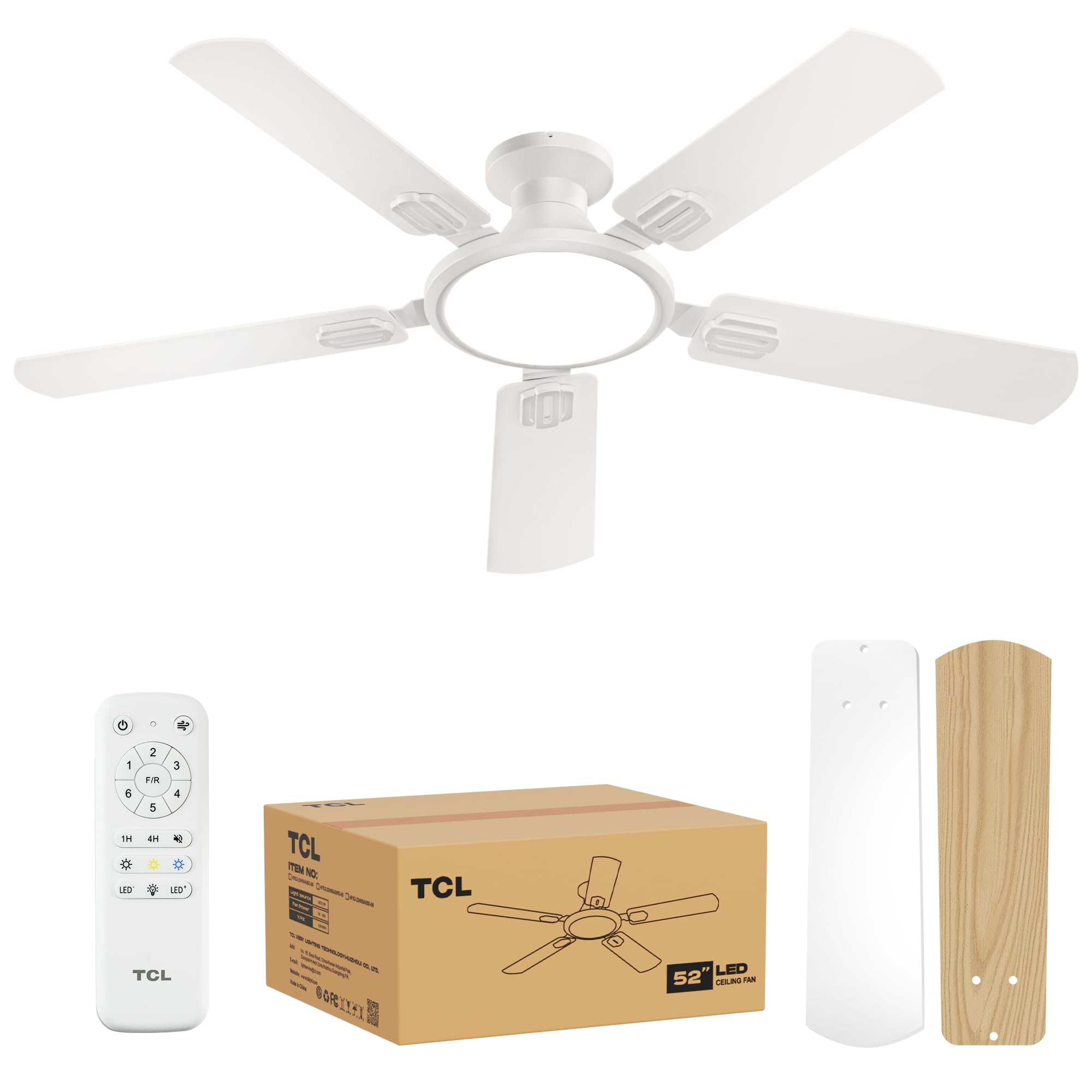 TCL 52-inch low-profile ceiling fan with walnut and white reversible blades for versatile rooms.
