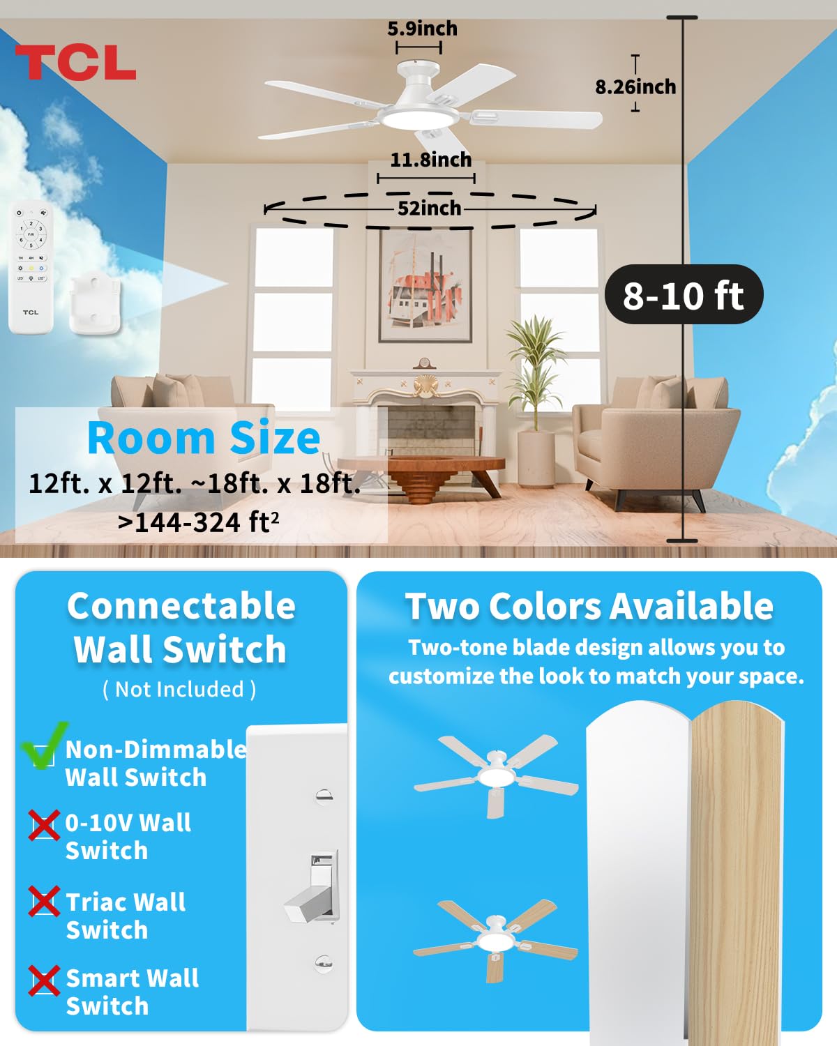 TCL 52-inch energy-efficient ceiling fan reduces energy use.