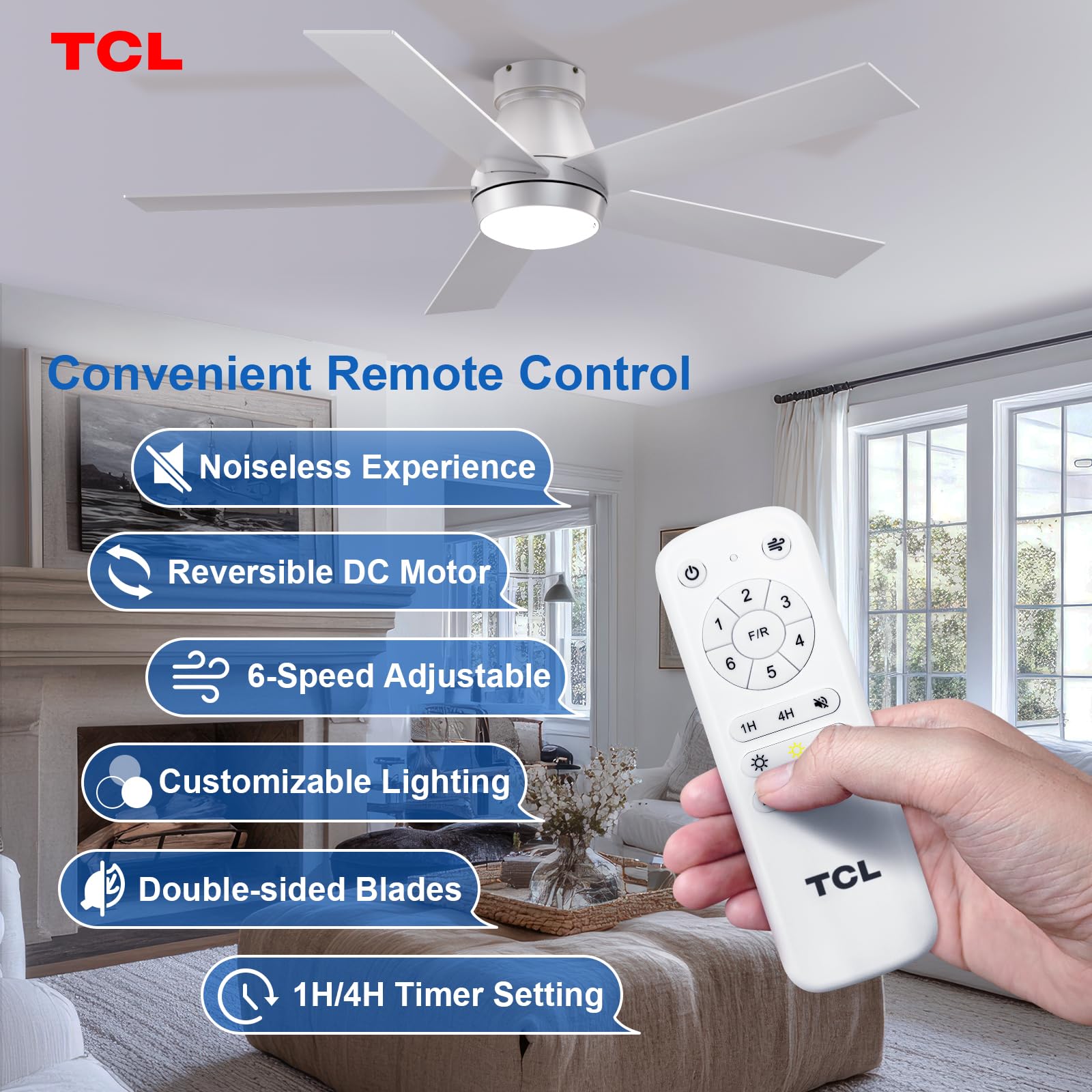 TCL double-sided blades in silver and wood offer versatile decor possibilities.