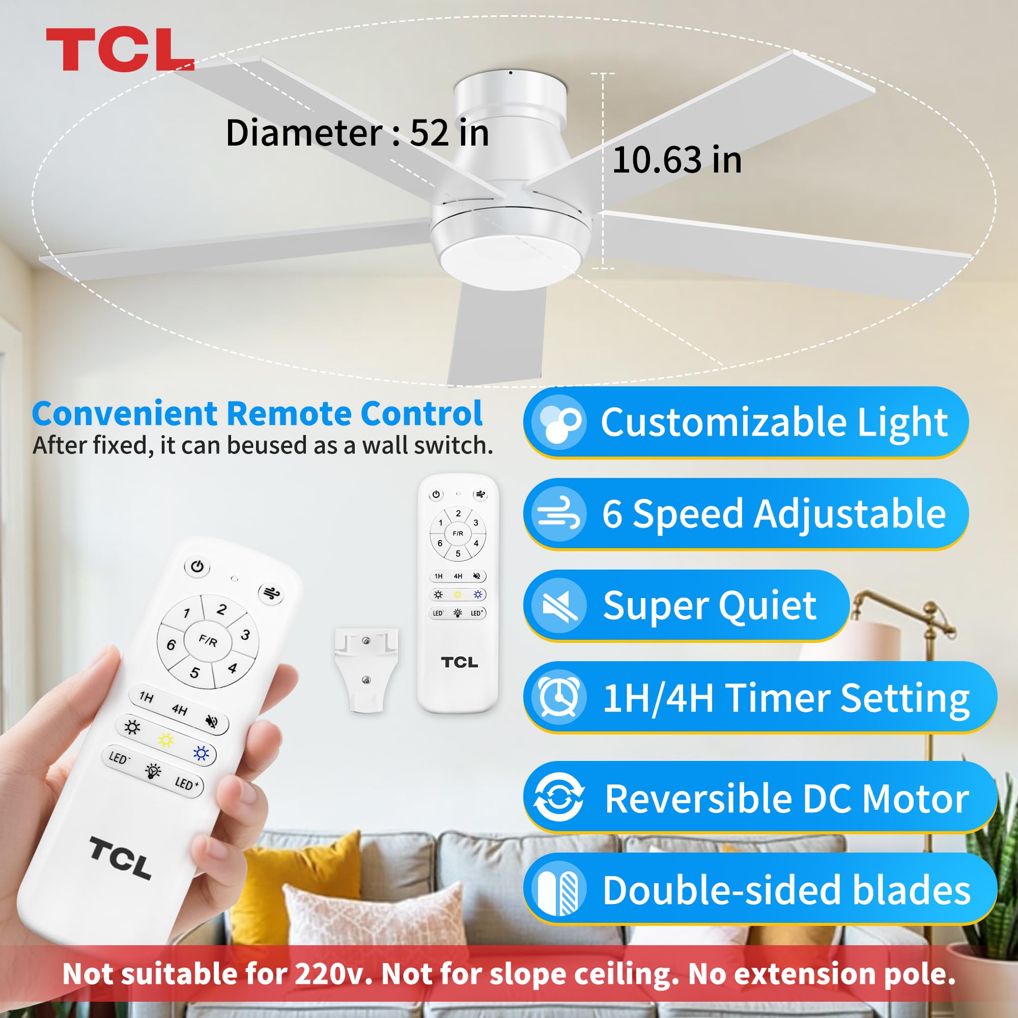 TCL flush-mount design saves headroom in low-ceiling rooms.