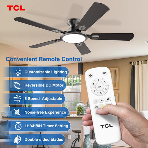TCL flush-mount ceiling fan in black with walnut blades for a modern look