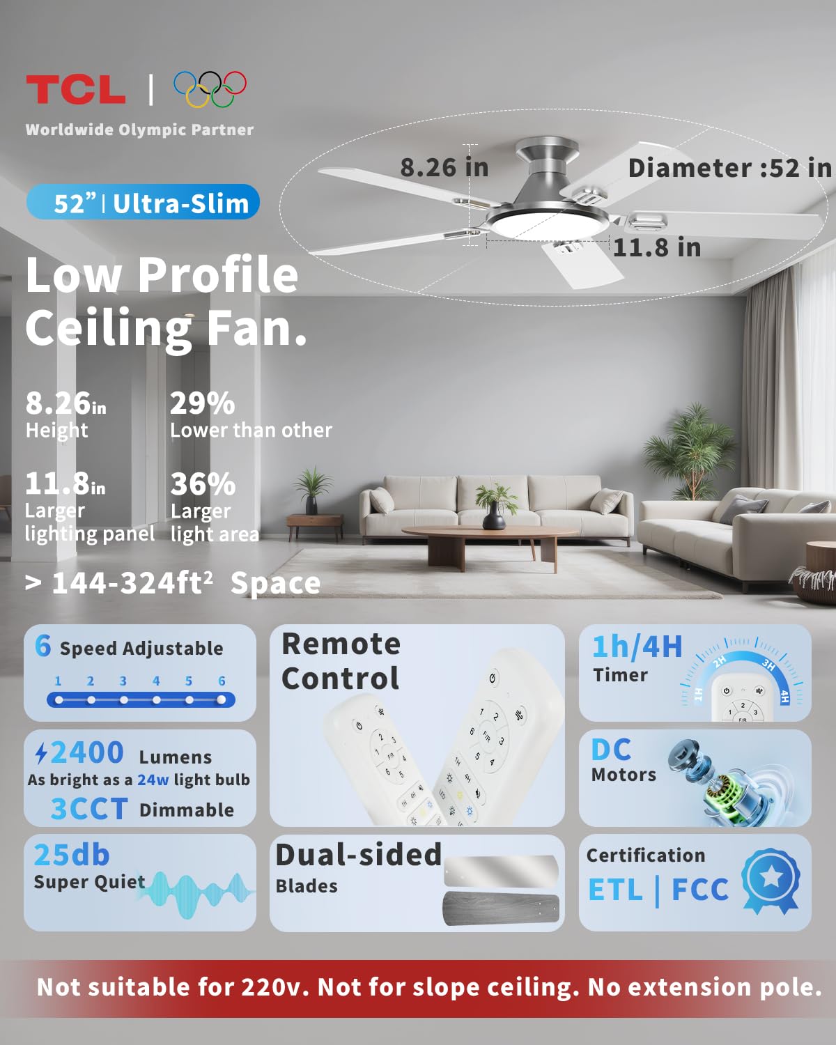 TCL dual-finish blades in silver and walnut offer versatile room styling