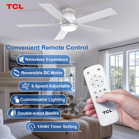 TCL wood-and-white dual-sided blades offering versatile decor options