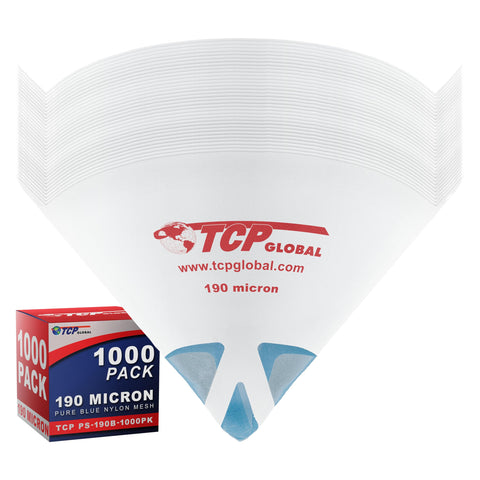 TCP Global 190-micron filter cone with pure blue nylon mesh for ultra-clean paint filtering