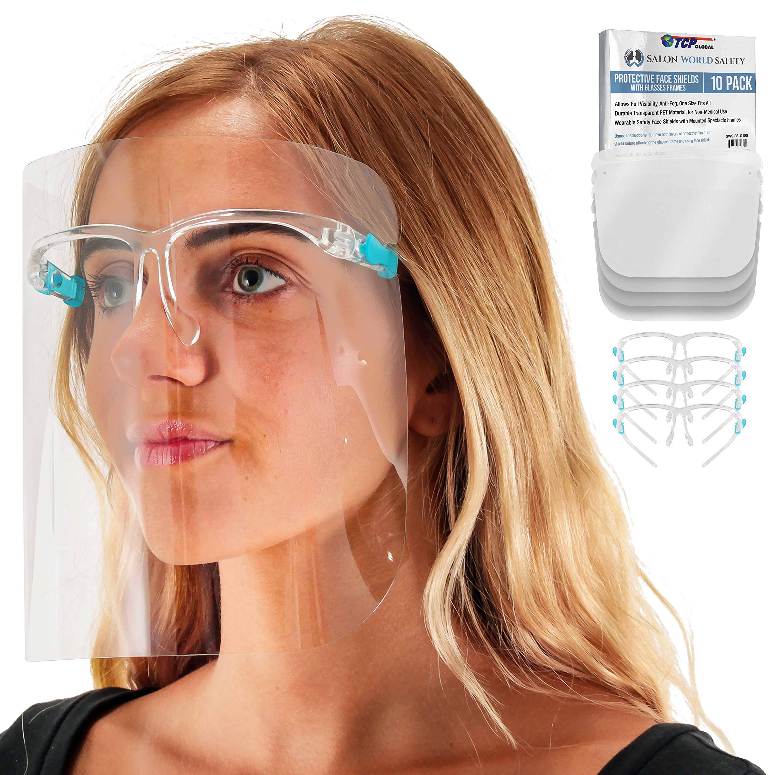TCP Global Salon World safety face shields with glasses frames, front view for full-face protection.