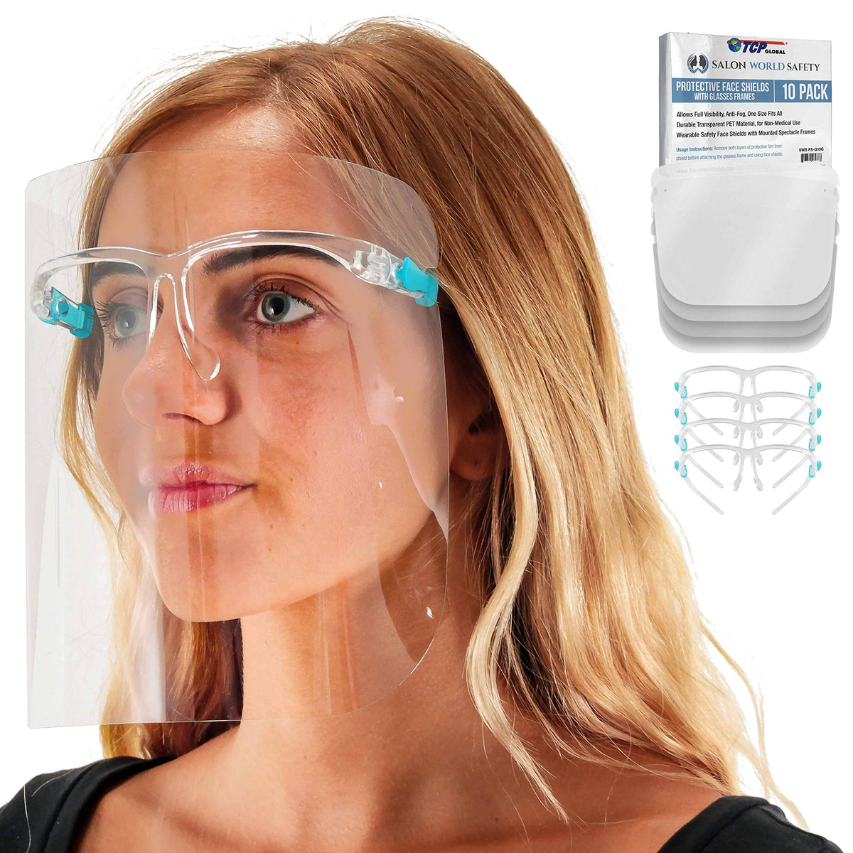 TCP Global Salon World safety face shields with glasses frames, front view for full-face protection.