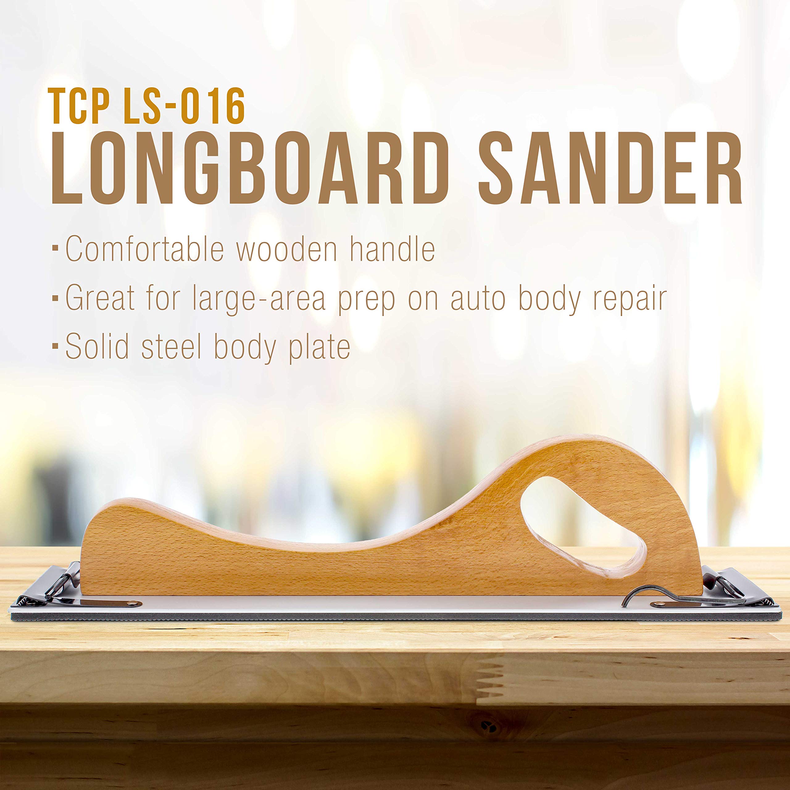 TCP Global wooden handle longboard sander rubber pad close-up showing contour