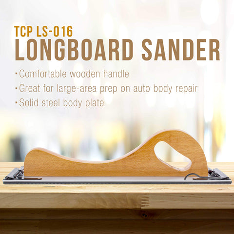 TCP Global wooden handle longboard sander rubber pad close-up showing contour