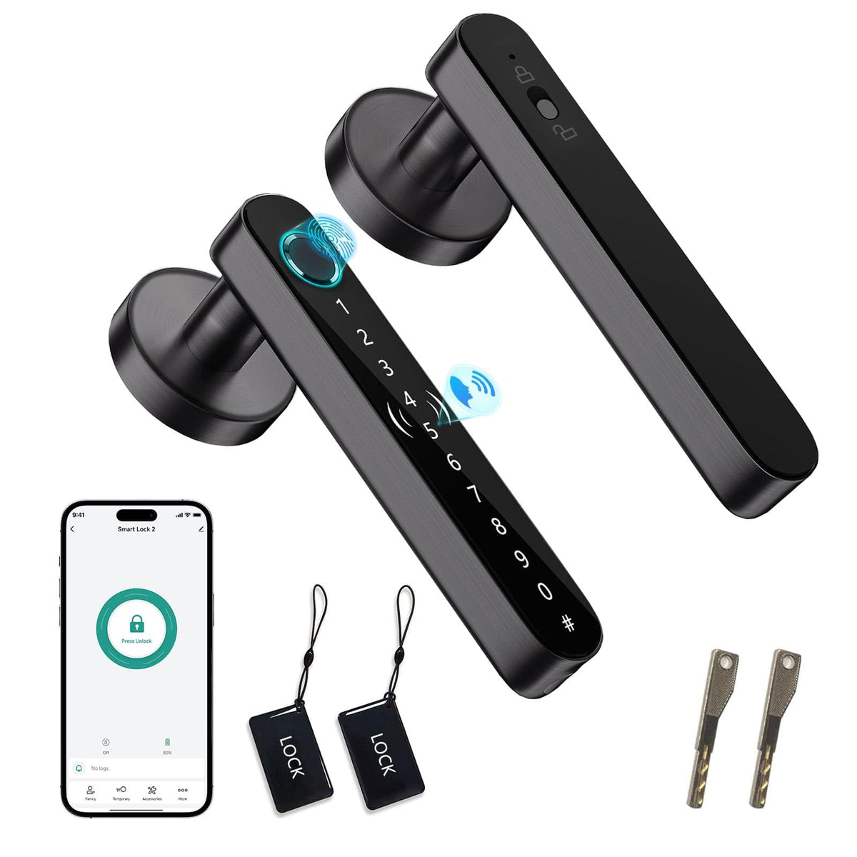 TDMALE fingerprint door lock front view shows sleek black finish and modern design