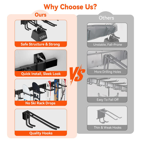 Tdrynl holds up to 10 ski pairs with five adjustable hooks for flexible spacing.
