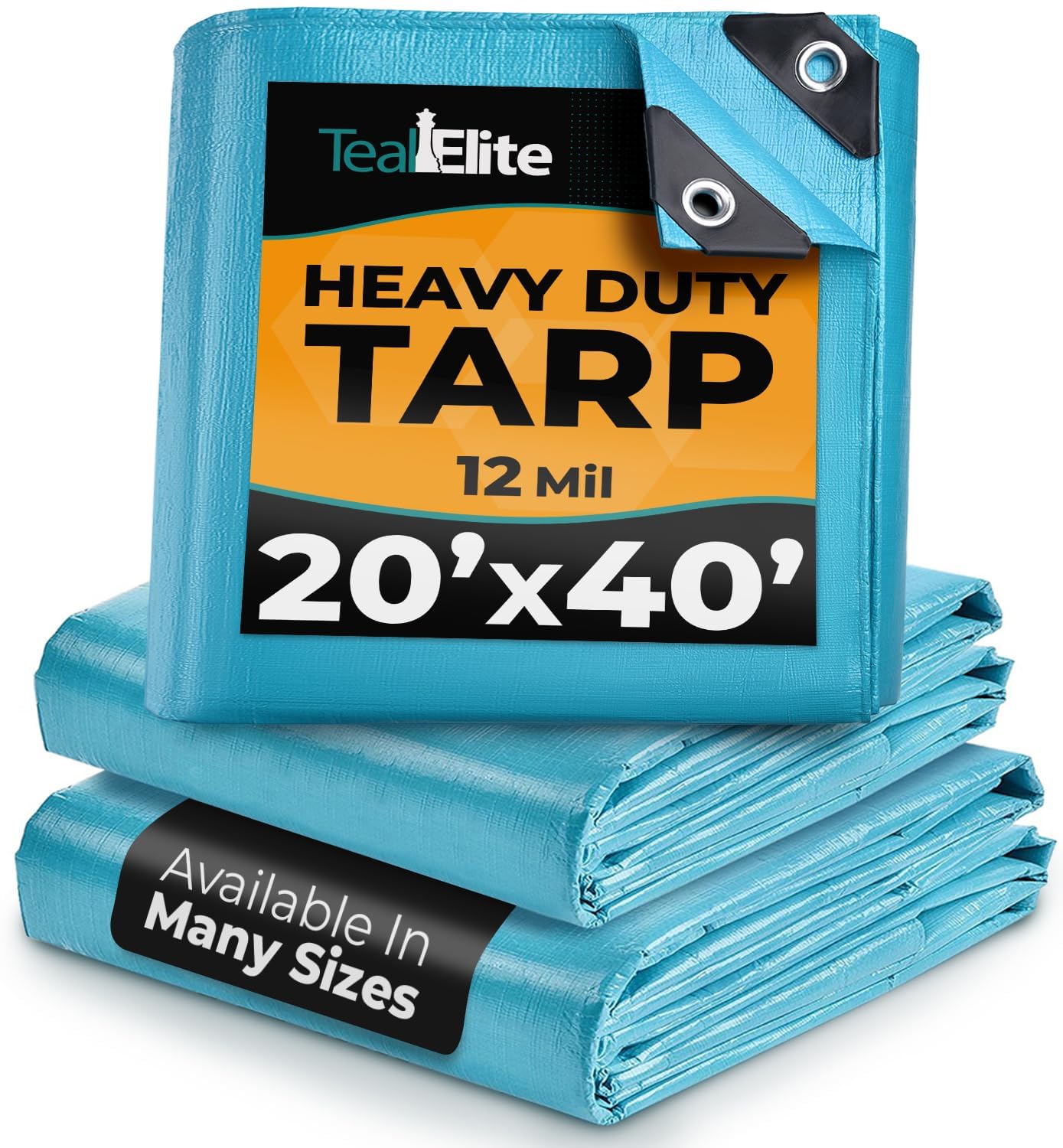 Teal Elite heavy-duty tarp 20x40 blue protects gear during outdoor camping.