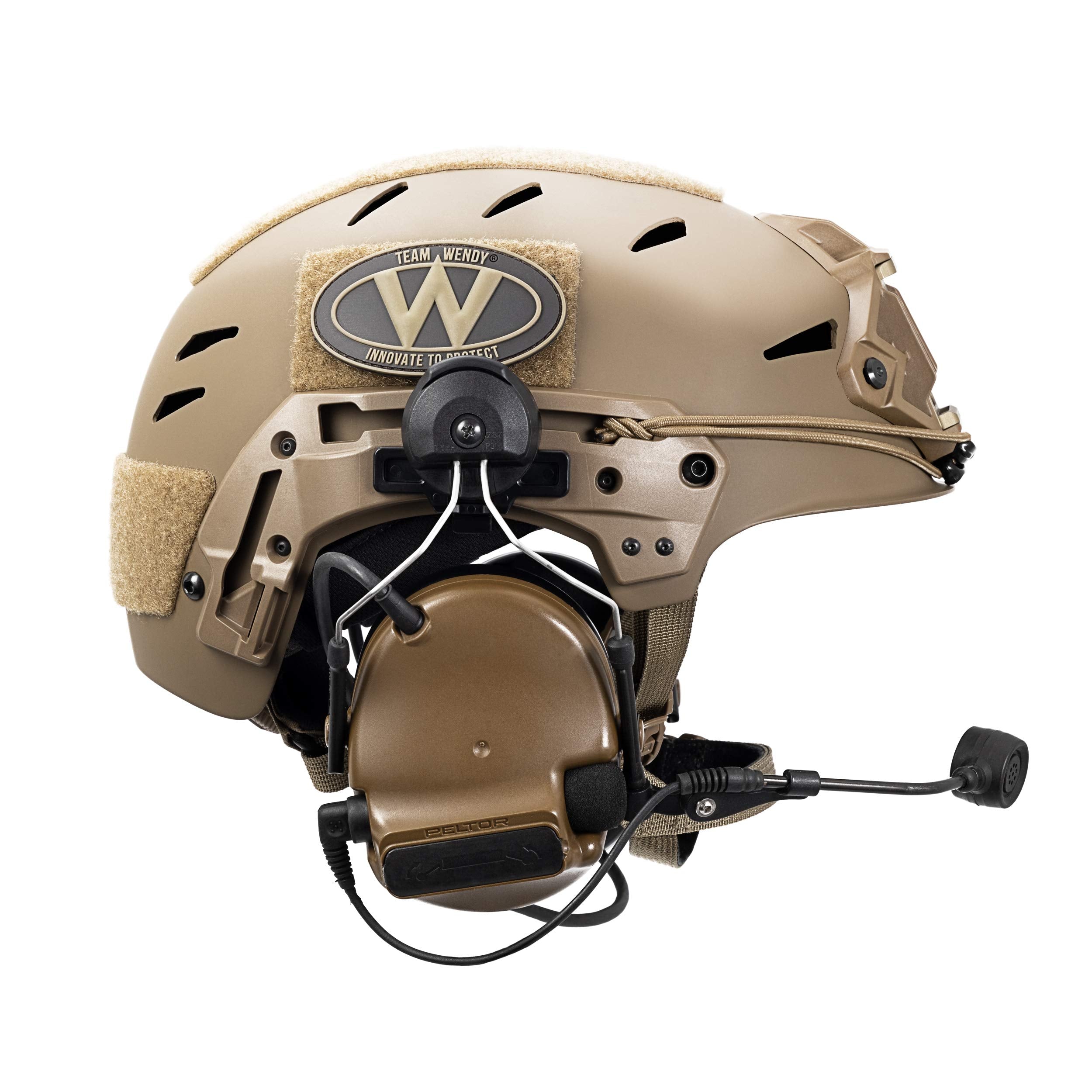 Team Wendy EXFIL Peltor adapter shown attached to rail for tool-free helmet integration.