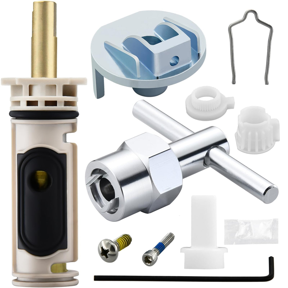 Tearel 1222 cartridge kit package for Moen shower repair with puller and adapters.
