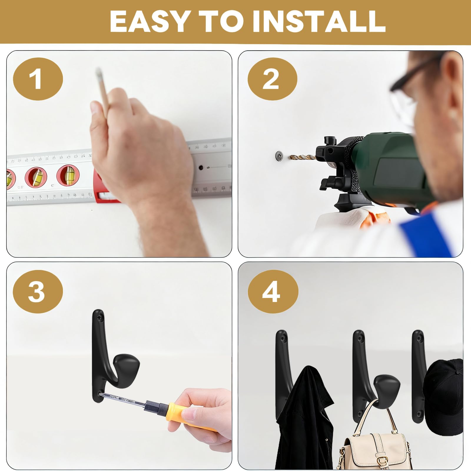 Tebgeag wall hooks with included hardware for quick, easy installation.