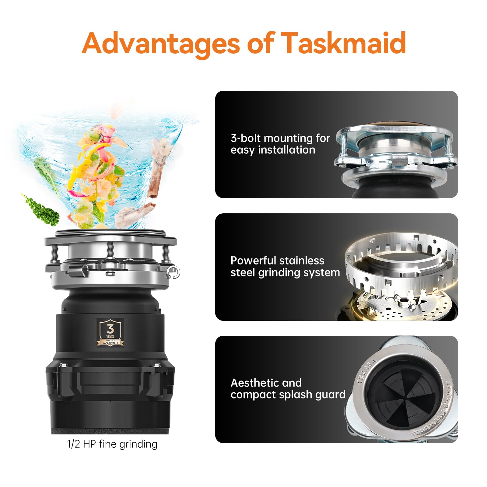 TECASA Taskmaid 3-bolt flange assembly for easy replacement with standard sink openings.