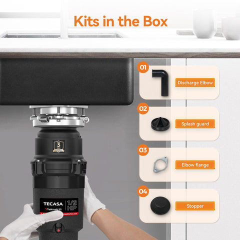 TECASA Taskmaid in-the-box stopper, flange, elbow and drain kit for easy setup.