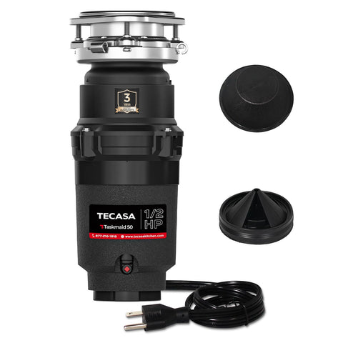 TECASA Taskmaid 1/2 HP disposal with stainless steel grinding system for smooth, clog-free drains.