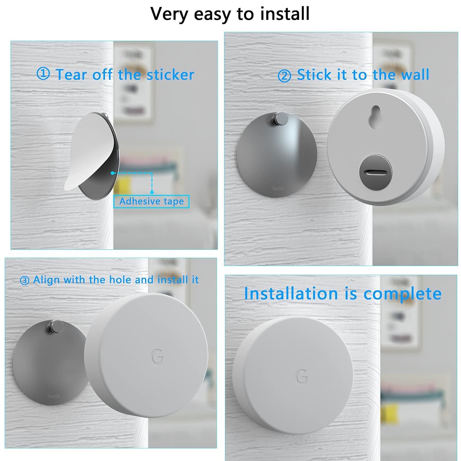 Teccle wall mount, no drill required, quick placement.