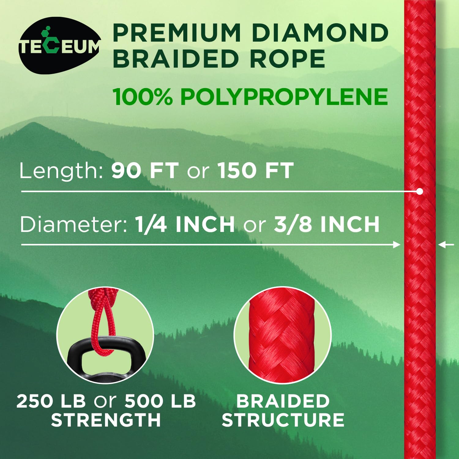 TECEUM rope red diamond braid closeup shows tight weave