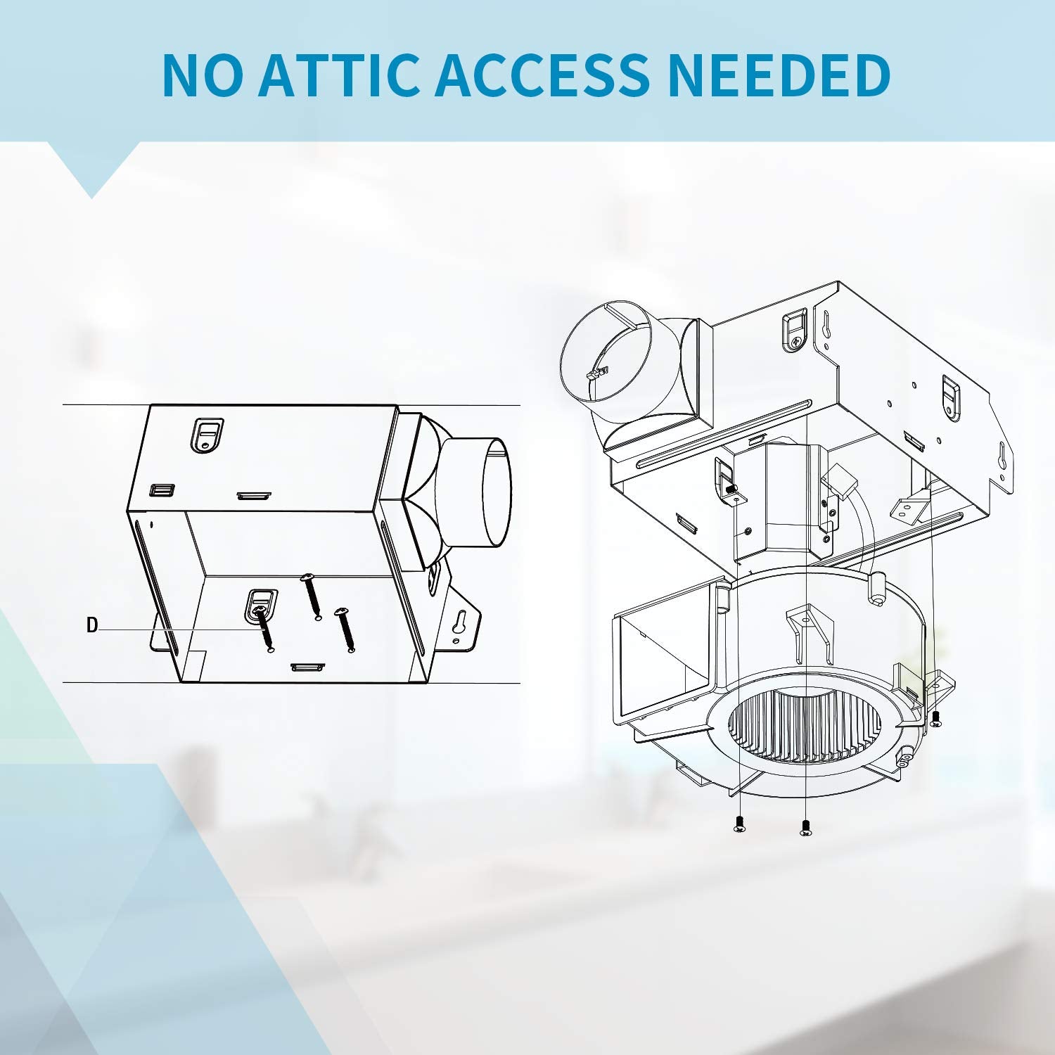 Tech Drive no attic access installation shown from room ceiling